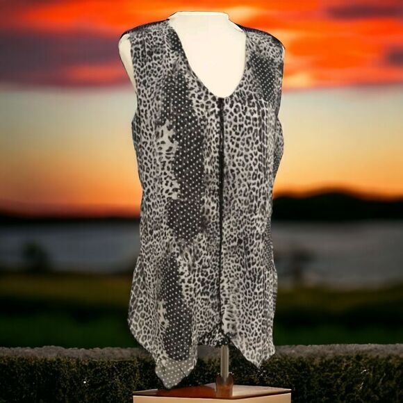 Adele May Top Large Blouse Sleeveless Animal Print Flowy Sheer Mixed Media Tunic - Picture 1 of 16